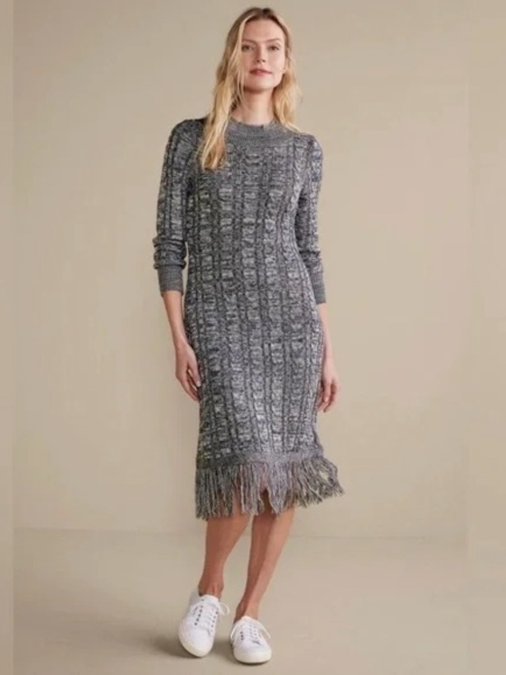 Soft Surroundings Gray Knit Fringe-Hem Midi Dress